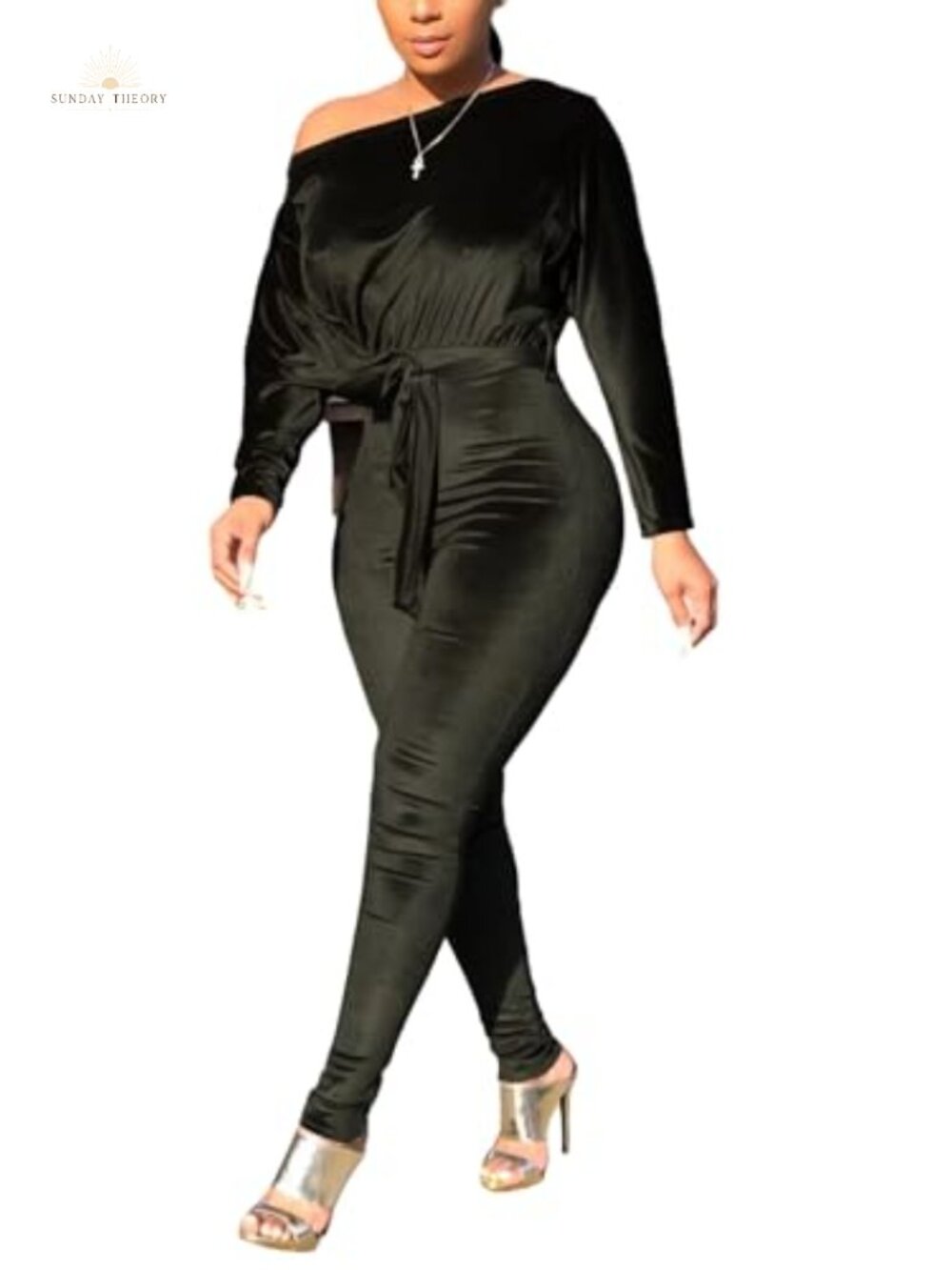 Off Shoulder Long Sleeve Bodycon Velvet Jumpsuit Belted Party